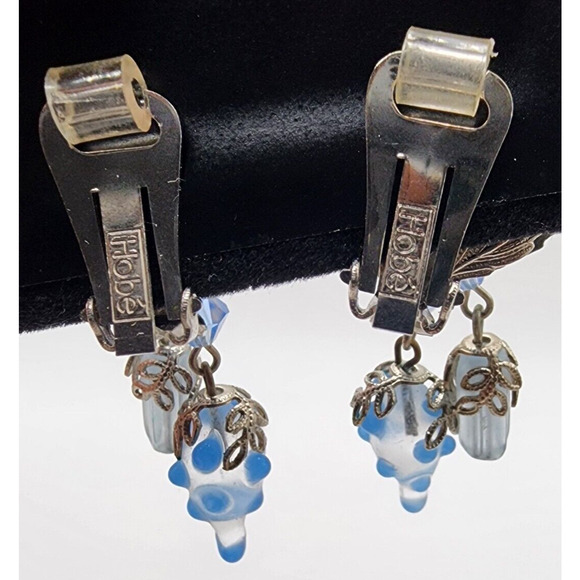 Hobe Silver Grape Leaf Glass Bead Crystal Earrings Dangle Vintage Signed Clip - Picture 8 of 16